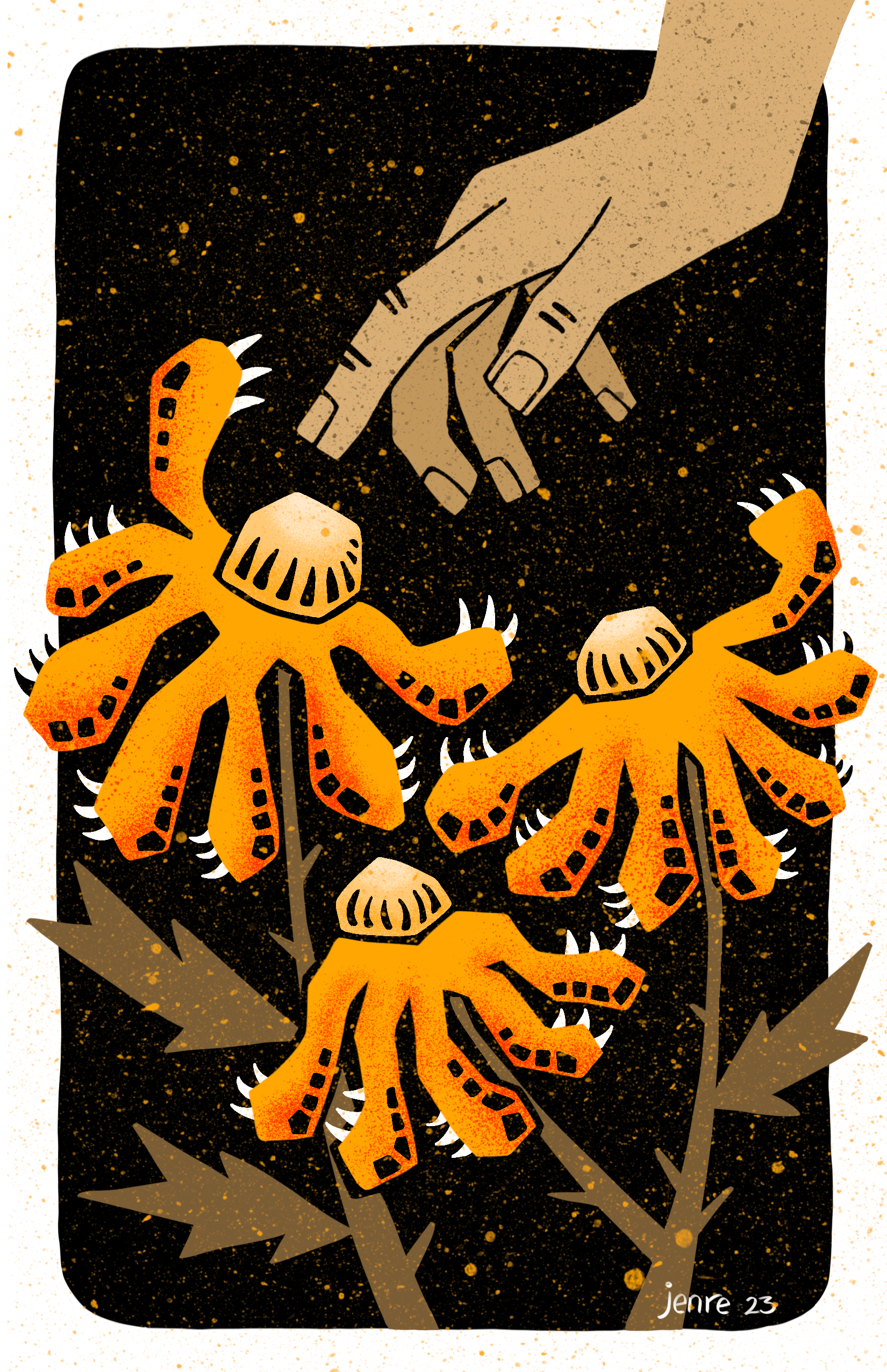 A stylized hand, strong from a lifetime in the construction field, reaches to touch a cluster of three strange flowers. They glow yellow on a dark background and sharp white teeth line their petals. (Art by Jenn Reese 2023)