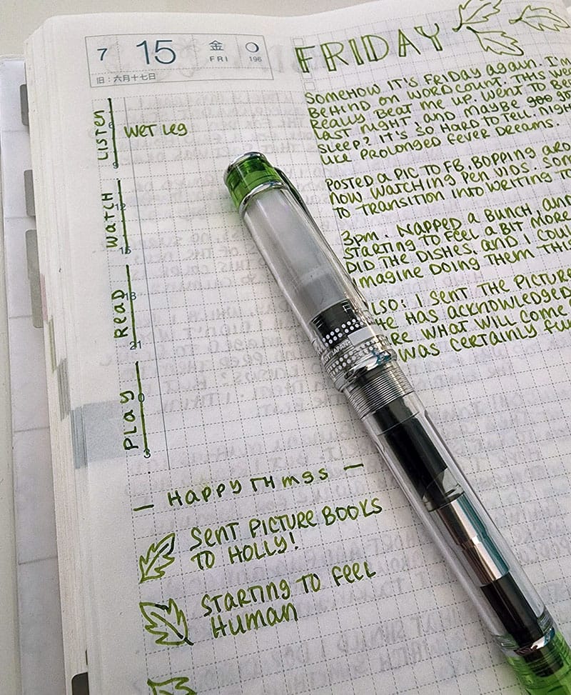 Closeup of a journal page. Friday. Some reflections on the day. Along the left side, categories called Play, Read, Watch, and Listen. "Wet Leg" is listed next to Listen. At the bottom, a category called Happy Things with little leaf bullets. There are two items: "Sent Picture Books to Holly" and "Starting to Feel Human."