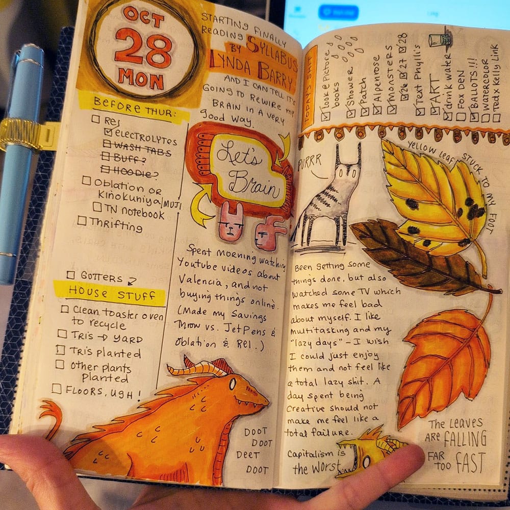 A two-page spread combining hand lettering, doodles of animals, monsters, and leaves, along with to-do lists and reflections of the day.