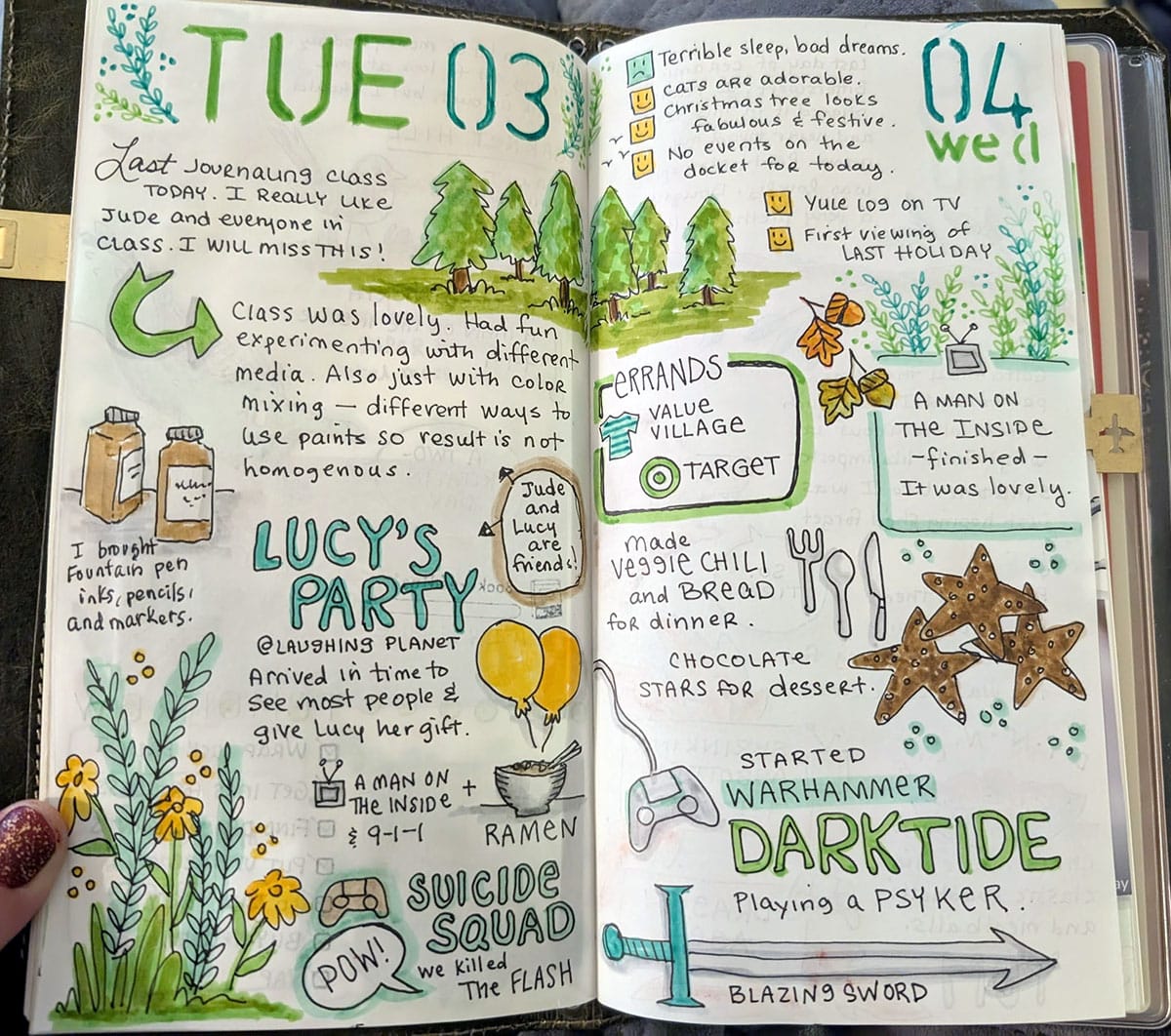 Two pages of colorful doodles and notes about the day, including: flowers and pine trees and a video game sword. Notes on "Lucy's Party" and eating veggie chili and going to Target. The palette is all blues and greens and yellows, very calming.