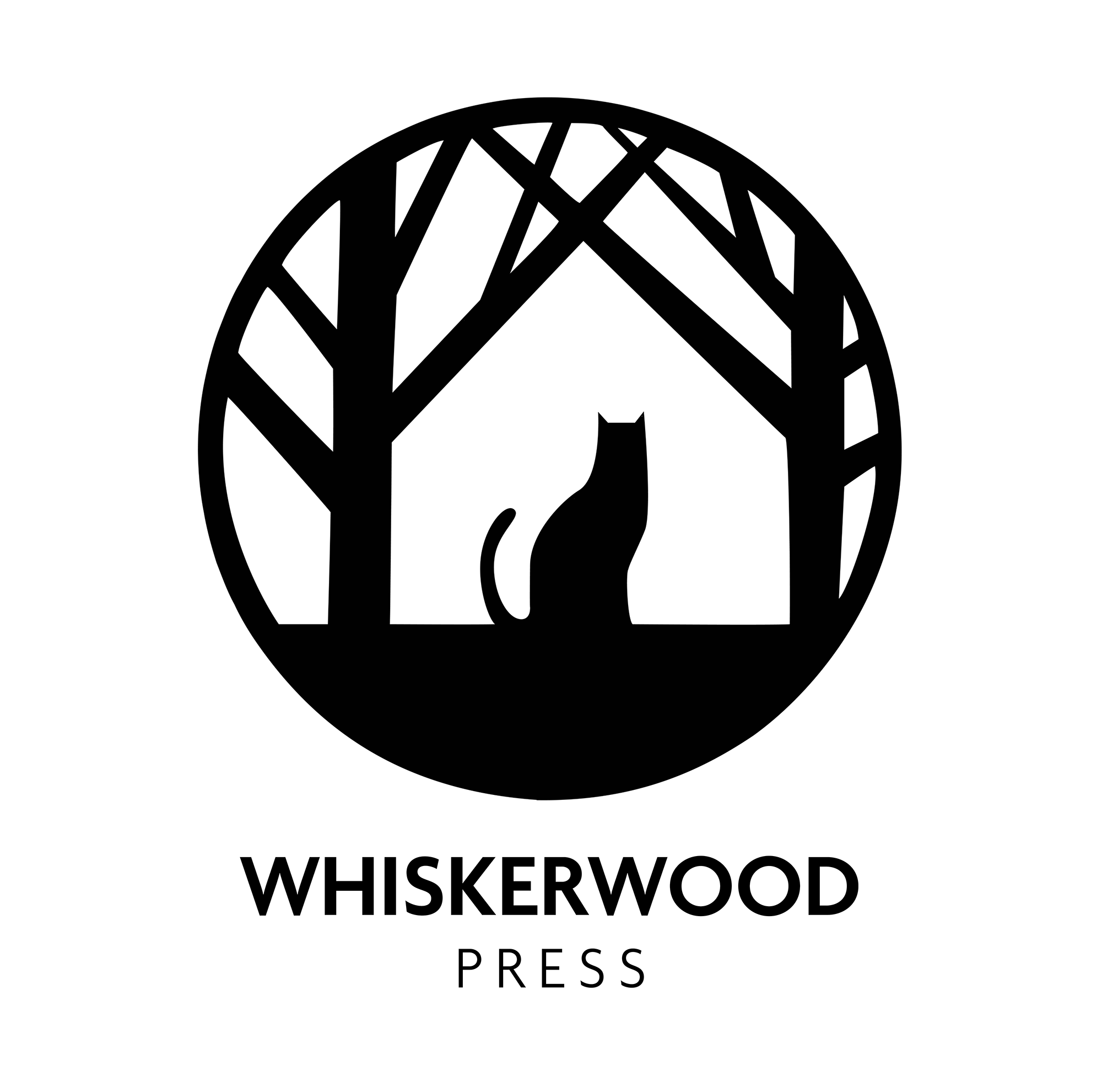 A circle containing a stylized trees and the silhouette of a cat. The tree limbs form a house shape around the cat.