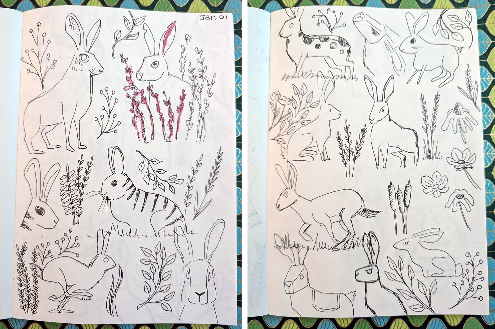 Notebook pages filled with bunny sketches, very crude and uninteresting.