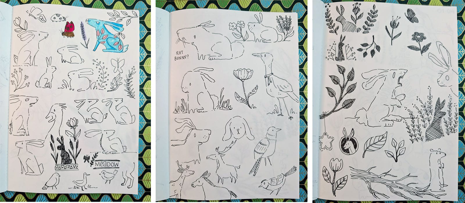 Three more journal pages of rough childlike bunny doodles, with a few plants and other animals thrown in.