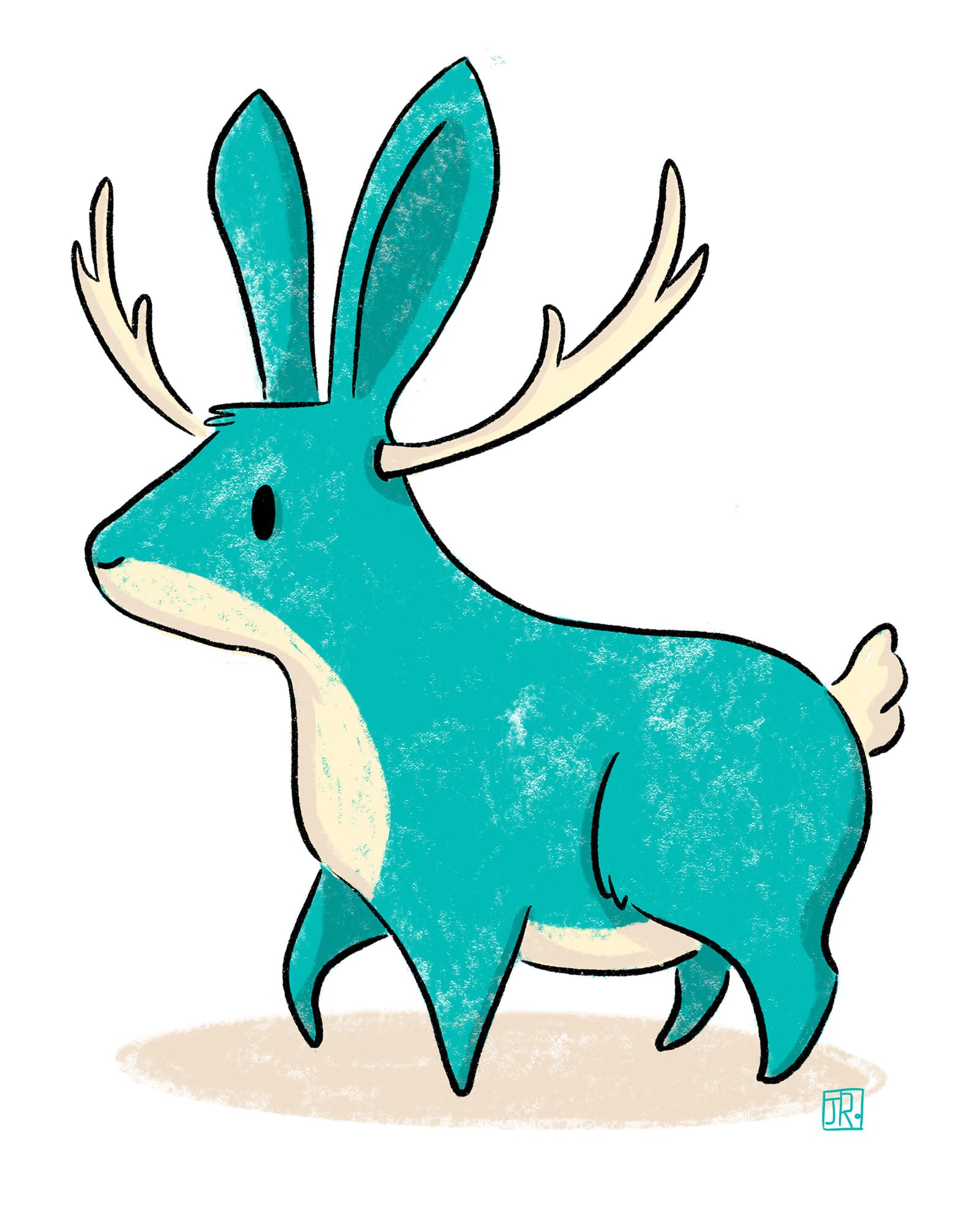 A jaunty bunny with antlers in happy teal blue and cream.