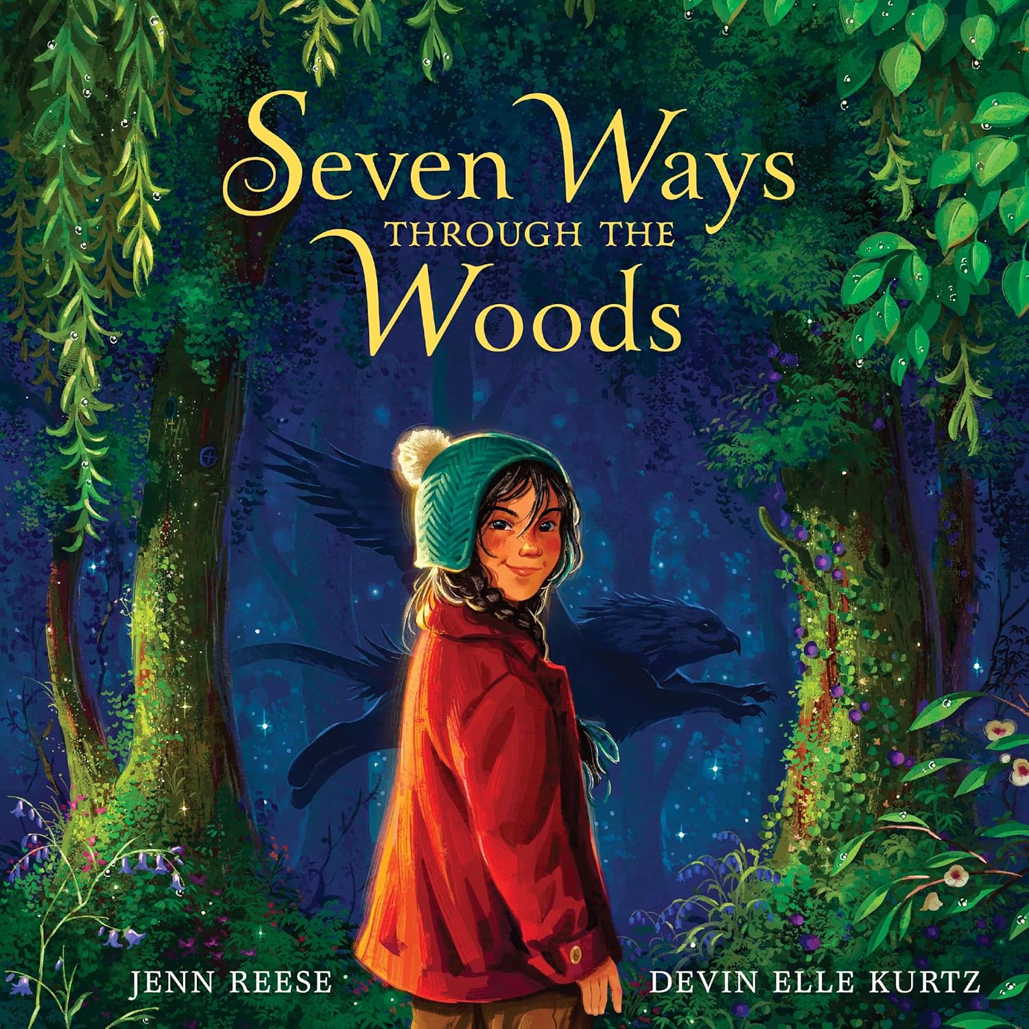 The cover of the book "Seven Ways Through the Woods" by Jenn Reese and Devin Elle Kurtz. A young kid with a red coat and mischievous expression stands before a forest. The shadow of a griffin flies in its depths.