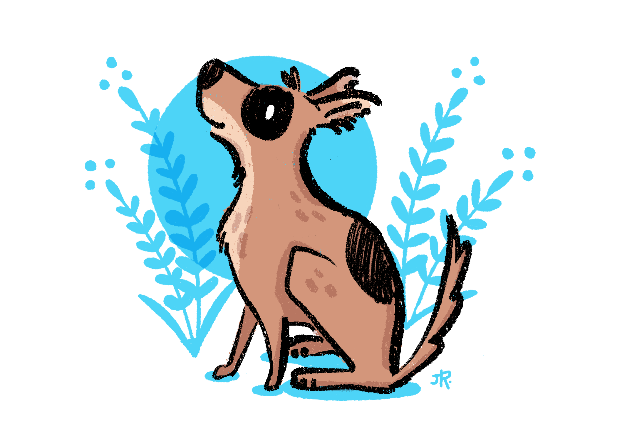 A cartoon dog happily looks towards the sky. Blue flowers sit behind them.