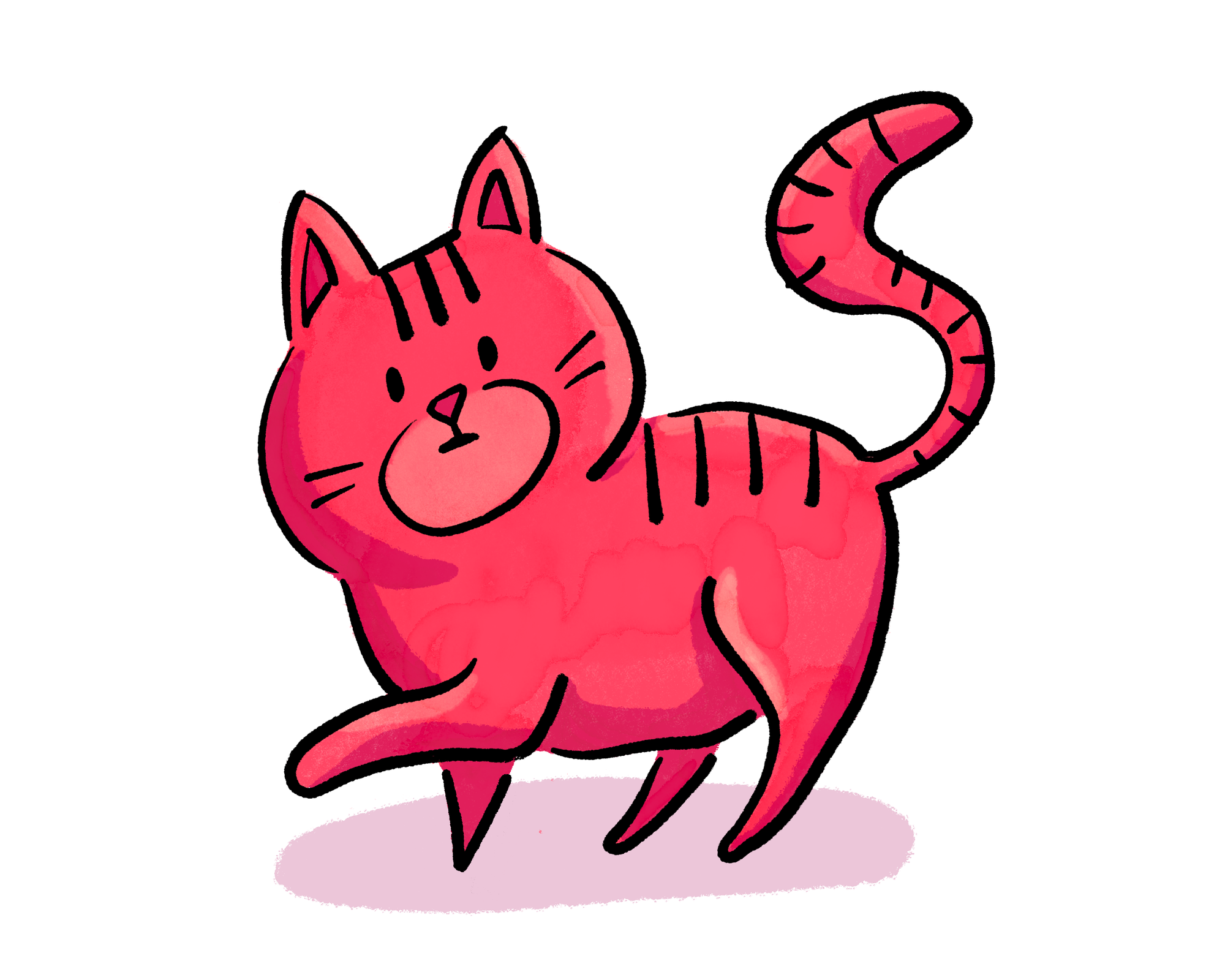 A jaunty hot pink cat looks like we have interrupted them mid paw lick.