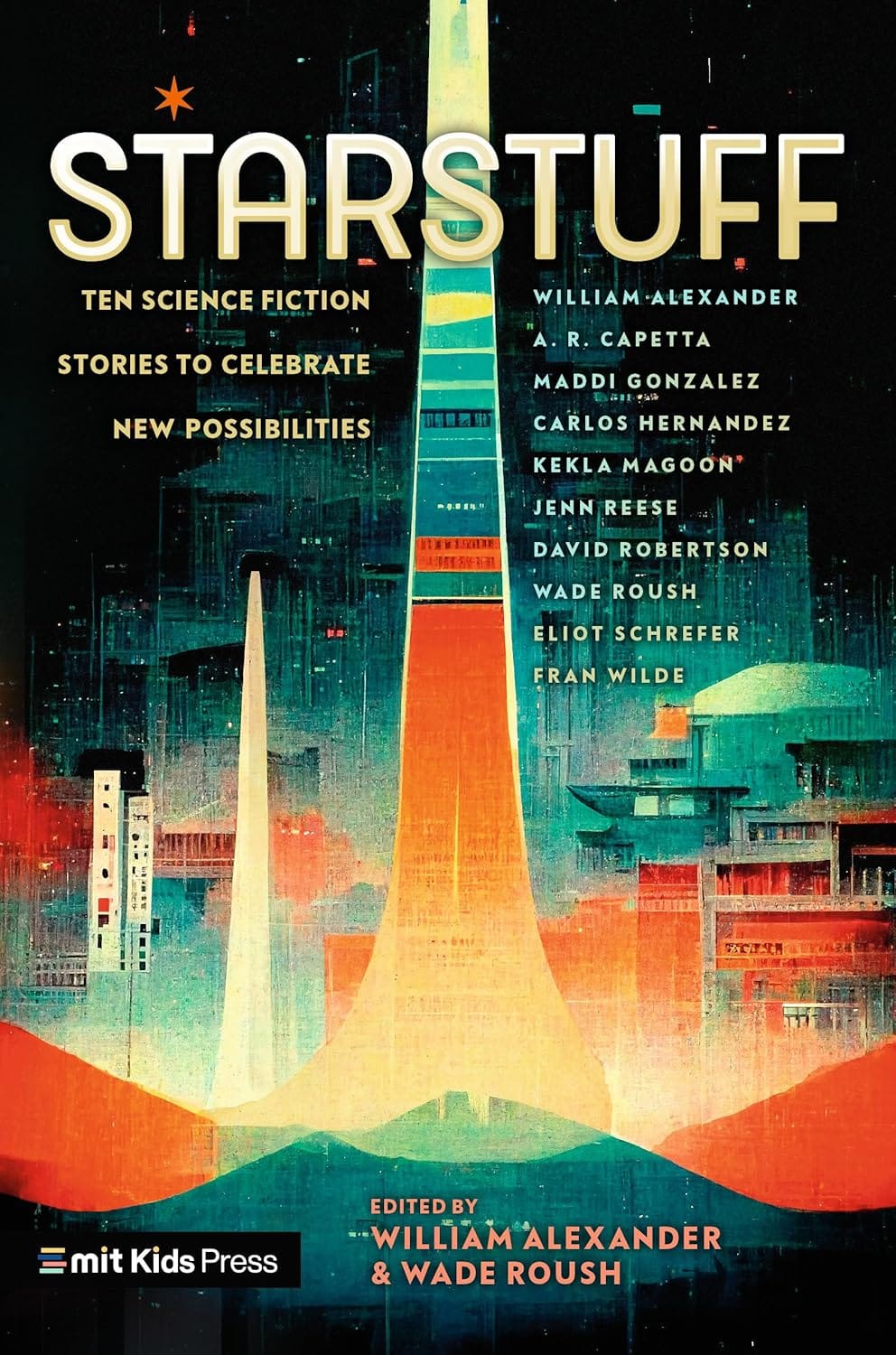 The cover of STARSTUFF, where a stylized rocket trail leaves a futuristic city.