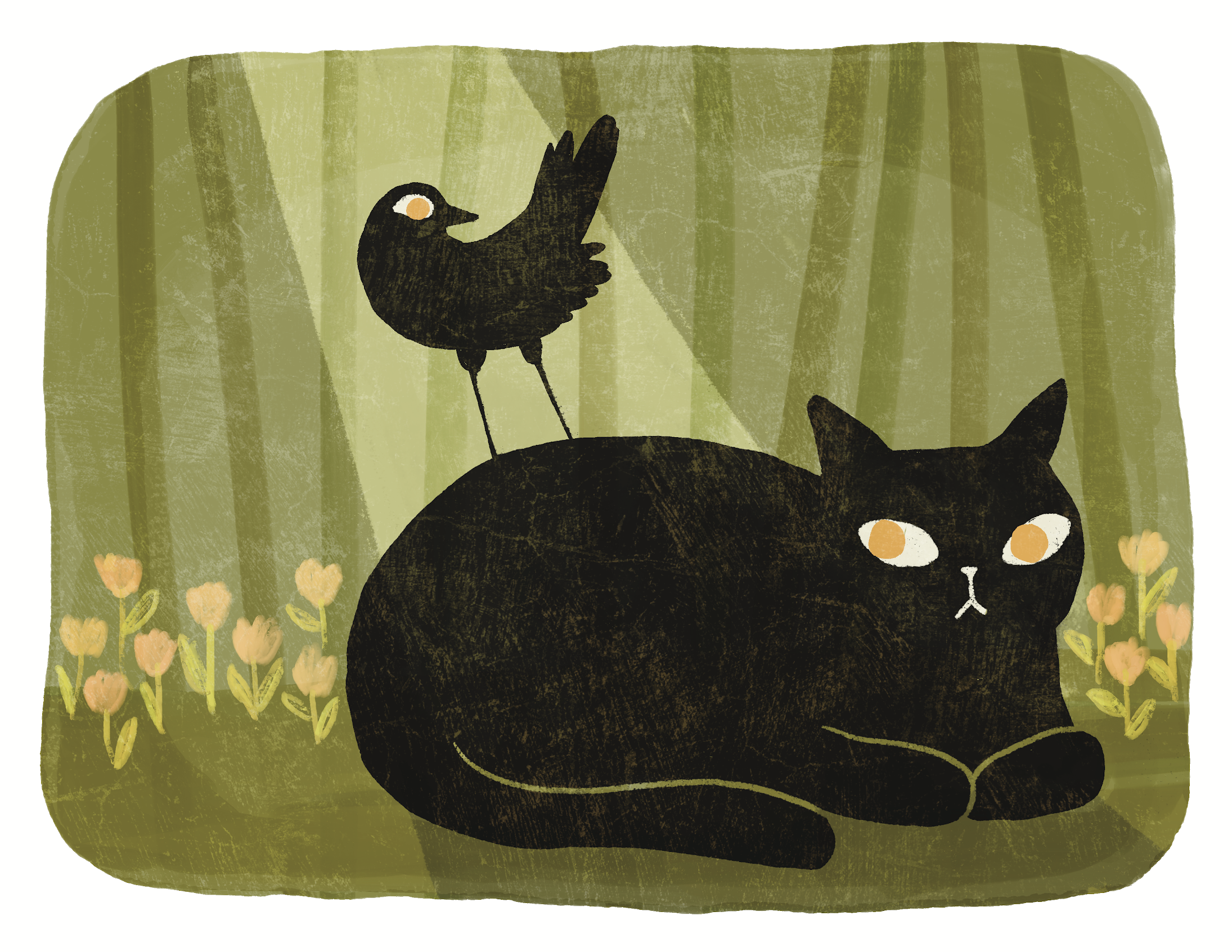 A bird stands on the back of a sitting cat. They seem cautious but open to the friendship.