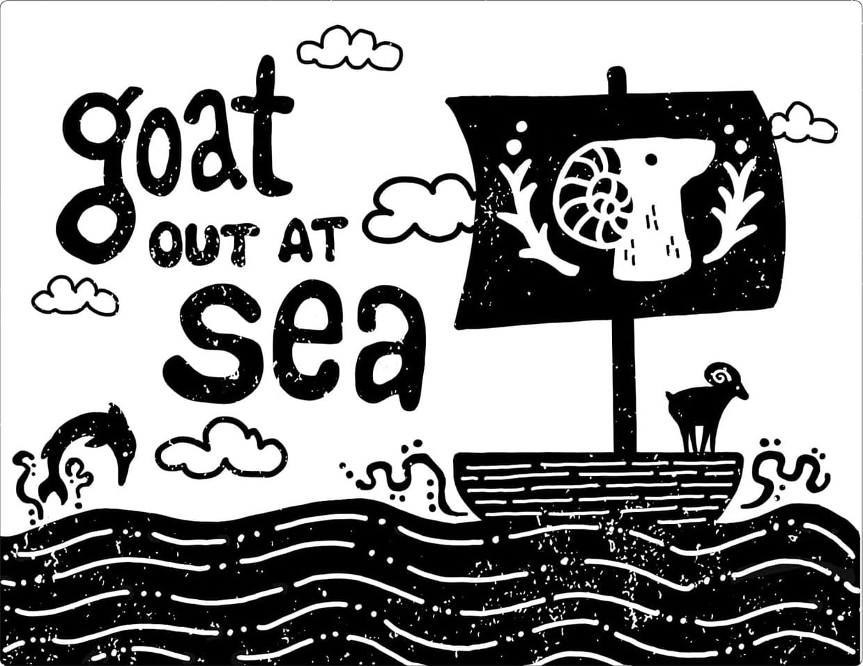 Page 3 and 4: A seascape with a goat standing on a boat. The sail of its boat also features a goat. The words "GOAT OUT AT SEA"