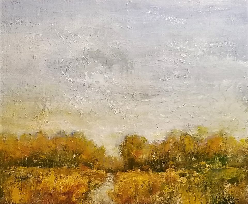 Oil painting, highly textured, a golden landscape of fields and trees under a pale sky.