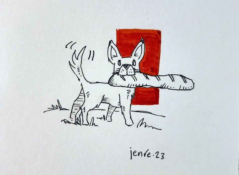 A hand-drawn dog, tail wagging, holds an entire French baguette in their mouth.