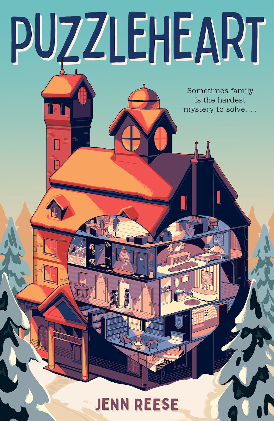 A mansion sits in a snowy landscape. Through a heart-shaped cutout, we see two kids exploring the many fantastical rooms. 