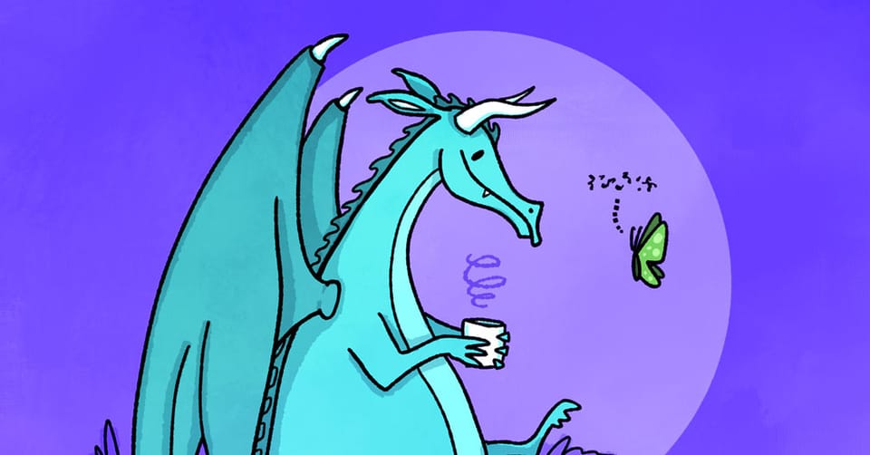 A dragon and a butterfly chat over morning coffee