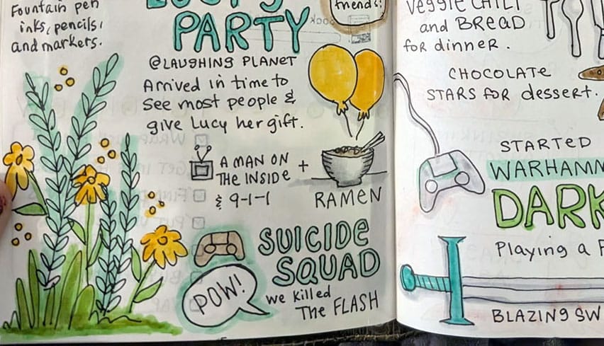 Cropped image of a journal spread featuring doodles and words.