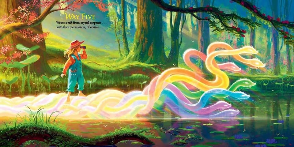 A kid is riding a raft of crystal serpents. As one do